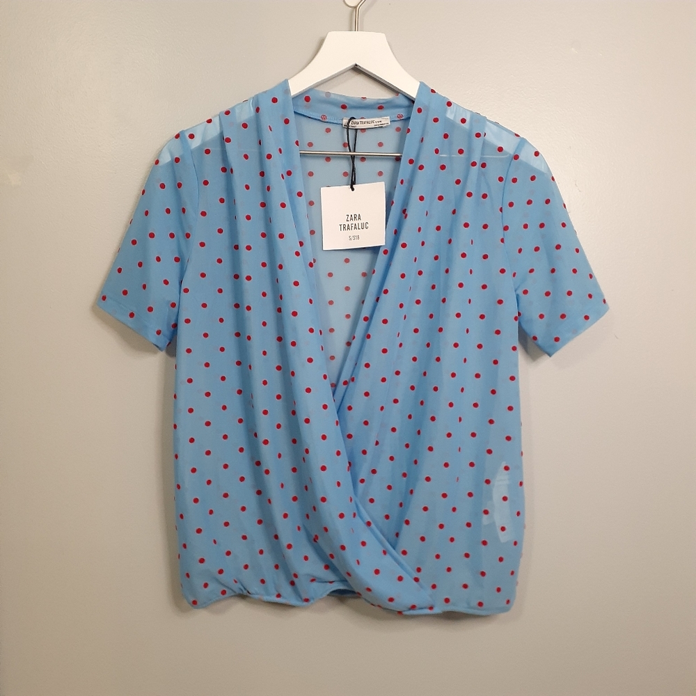 Zara Trafaluc Polka Dot Blue Sheer Wrap Blouse
